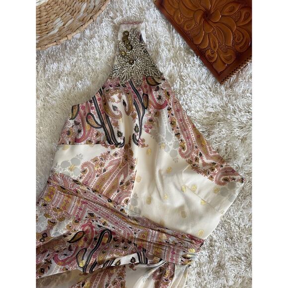 Badgley Mischka Y2K Vintage silk dress one shoulder paisley gown sz 2 cream gold - Picture 9 of 11